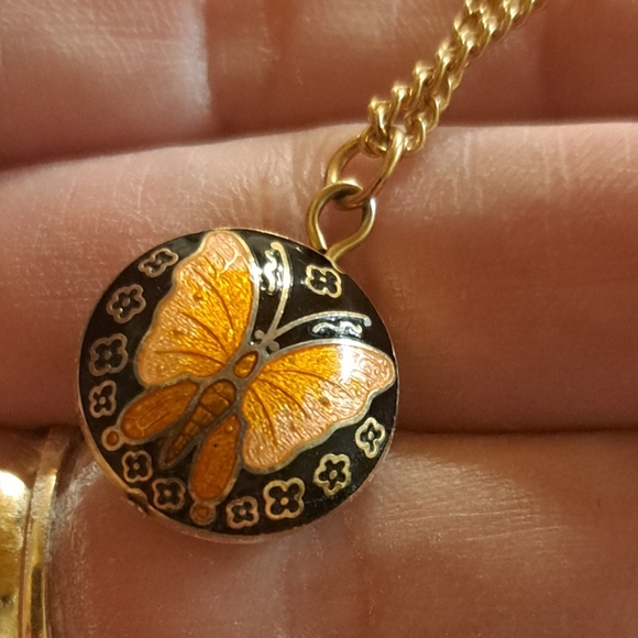 Vtg Butterfly Enamel Cloisonne Pendant Orange Black Gold W Chain Delicate - Picture 3 of 8